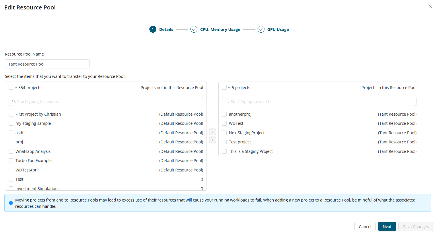 Edit resource pool