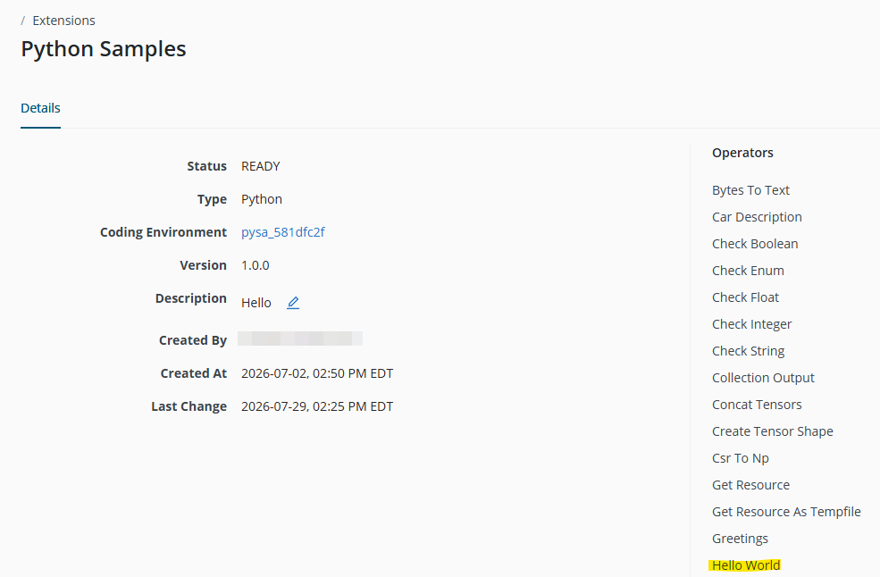 Python Samples extension details in Extension Management