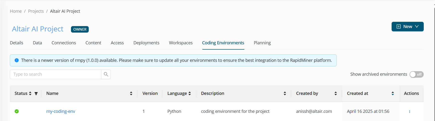Coding environments tab